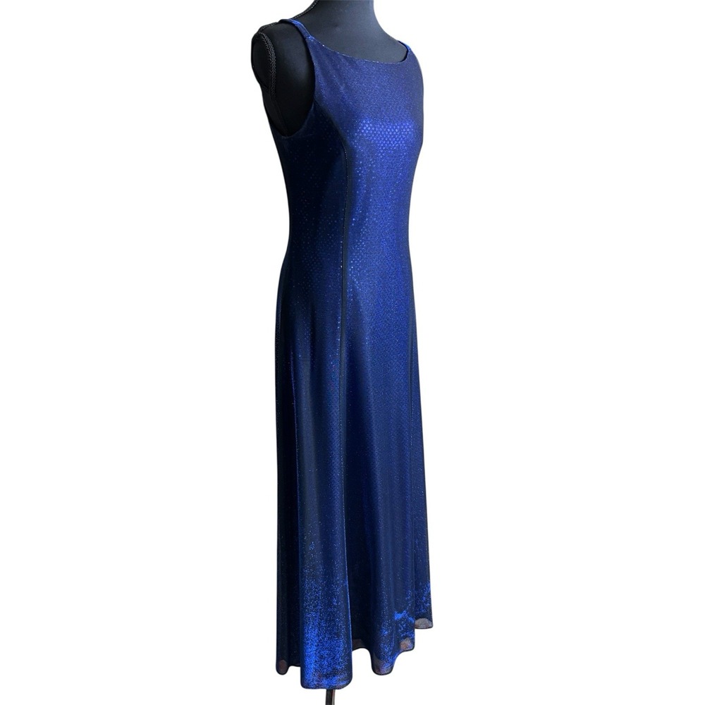 Y2K VTG Betsy Adam Jaslene Maxi Dress Gown Blue Mesh Metallic Shimmer Sz 8 - Picture 3 of 10